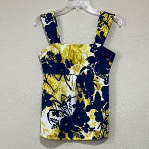 Ann Taylor Floral Print Women's Top Navy Blue and Yellow